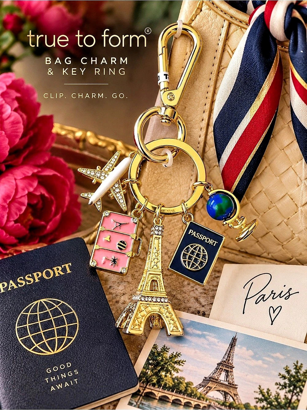 true to form Passport to Paris Handbag Charm and Key Ring Gold & Pink New in Box